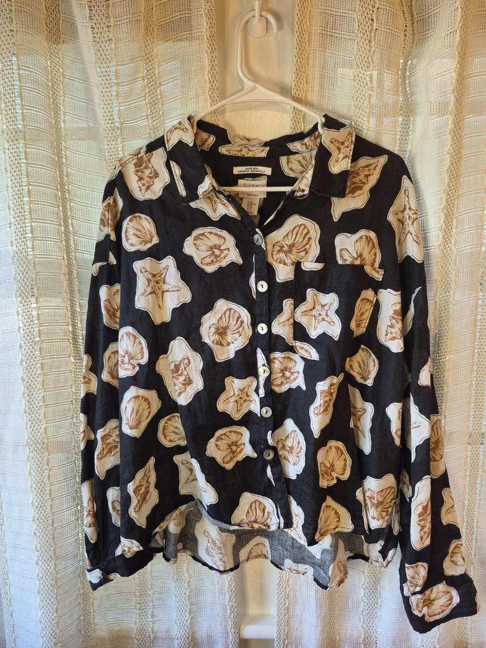 Nicole Miller Black Button-Down Linen Shirt with Beige Shell Print Size XL